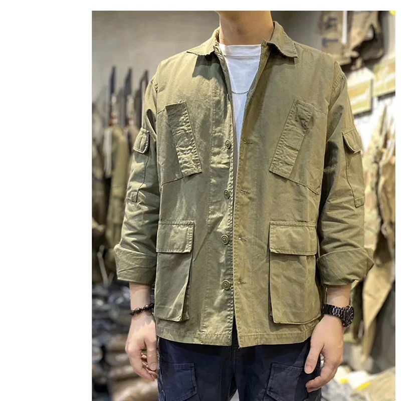 

American Tooling Shirt Spring Cotton Military Square Collar Multi Bag Windbreaker Water Wash Short Outdoor Cargo Coat Top