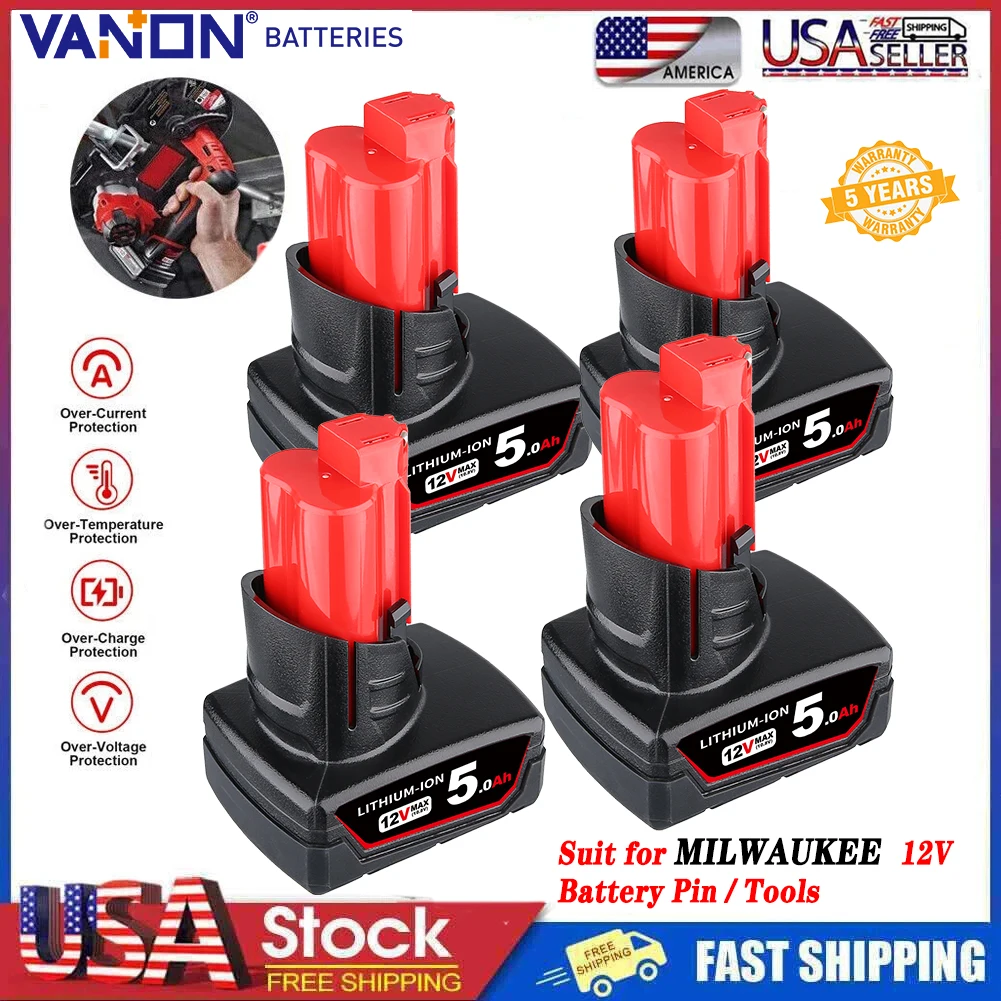 

VANON 4Pcs 5.0Ah M12 Li-on Replace for Milwaukee 12V Battery Pin Suit for Milwaukee Power Tools 48-11-2440 48-11-2412 48-11-2450