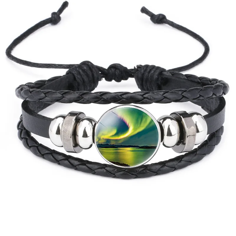 Popular Jewelry Glass Pendant Leather Bracelet Fantastic Arctic Aurora Black Leather Multilayer Knitted Bracelet Unisex