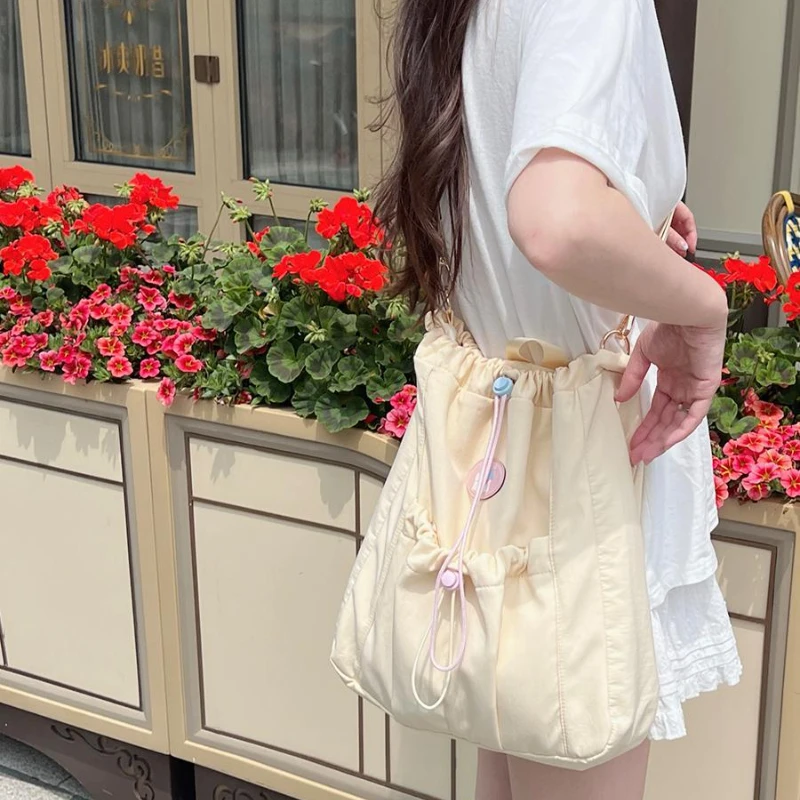 Sweet Y2k Aesthetic Kawaii Cute Backpacks Fashion Drawstring Pleated Women Shoulder Bag Casual Simple All Match Crossbody Bags