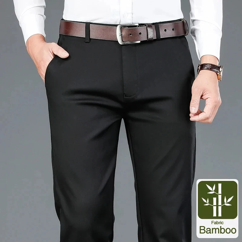 Bamboo Fiber Men\'s Casual Pants Black Spring Autumn New Style Stretch Straight Breathable Classic Business Suit Trousers Male