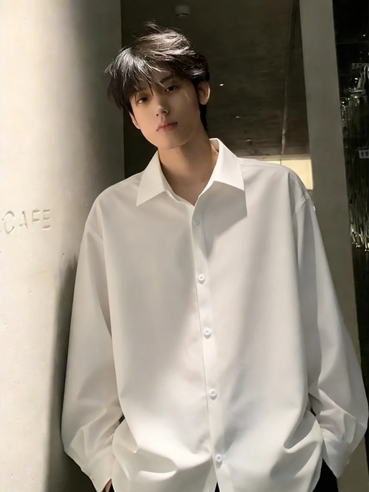 White Long Sleeve Fleece Lined Men's Shirt Cleanfit Suit Inner Wear DK Uniform Jacket Spring Youth Fashion Polyester Fiber