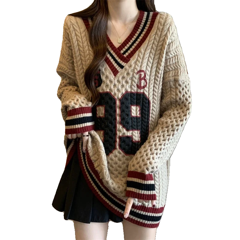 

Осень-зима 2026, новый ленивый высококачественный свитер с v-образным вырезом, женская одежда больших размеров, свободный вязаный свитер среднего и длинного размера, топ