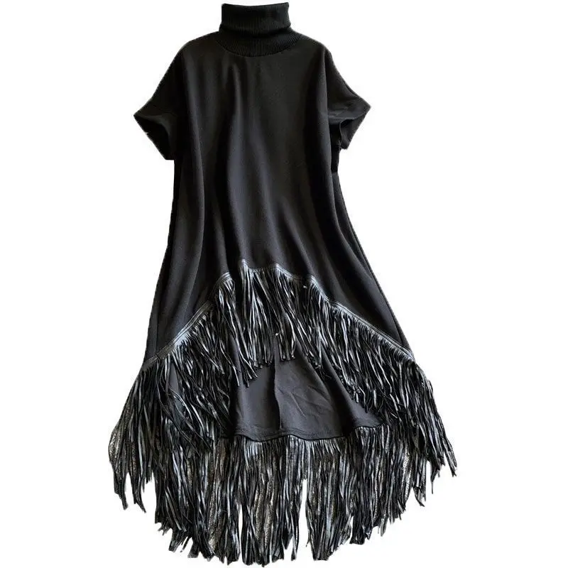 Spring Autumn Black Turtleneck Irregular A-Line PU Splice Fringed Dress Short Sleeve Long Tassels Patchwork Dress Vestidos Tops