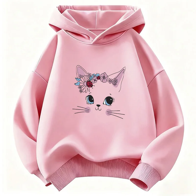 Sweet Cat Meme with Flower Cute Hoodie Kids Children's Sweatshirt Harajuku Hoody for Boys Girls Autumn Winter Casual Hoodies