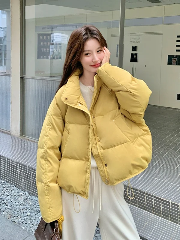 

Yellow ort Puffer Jaet Women's Winter Faion Korean Sle Bread down Coat White Du Feather Warm Stand Collar Coat