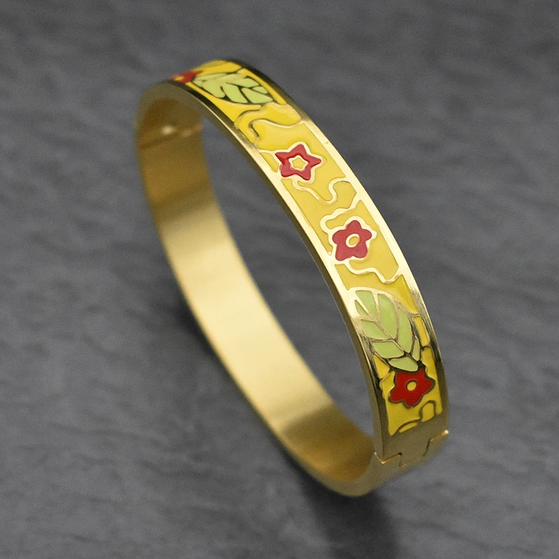 Luxury Colorful Enamel Bangles Flower Bracelets for Women Party Gift Fashion Bangles Original Stainless Steel Jewelry