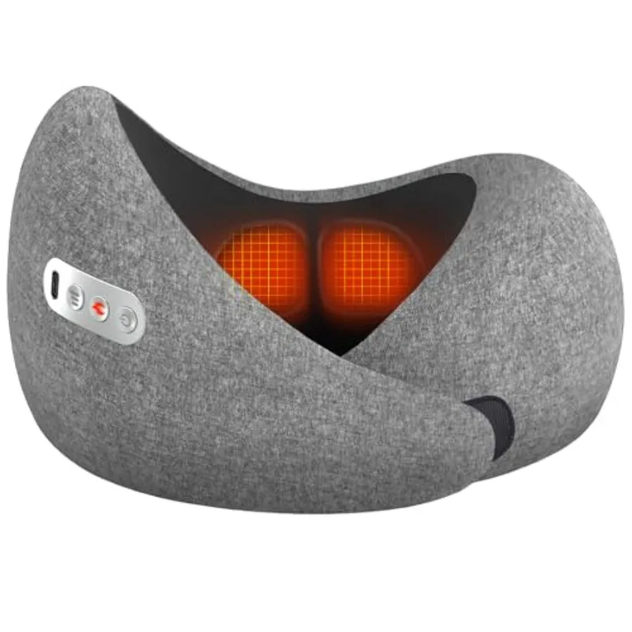 

Travel Neck Pillow 3 in 1 with Heating and Massage Memory Foam Cervical Pillow 360º Ergonomic Design Asymmetrical Sides Wireles