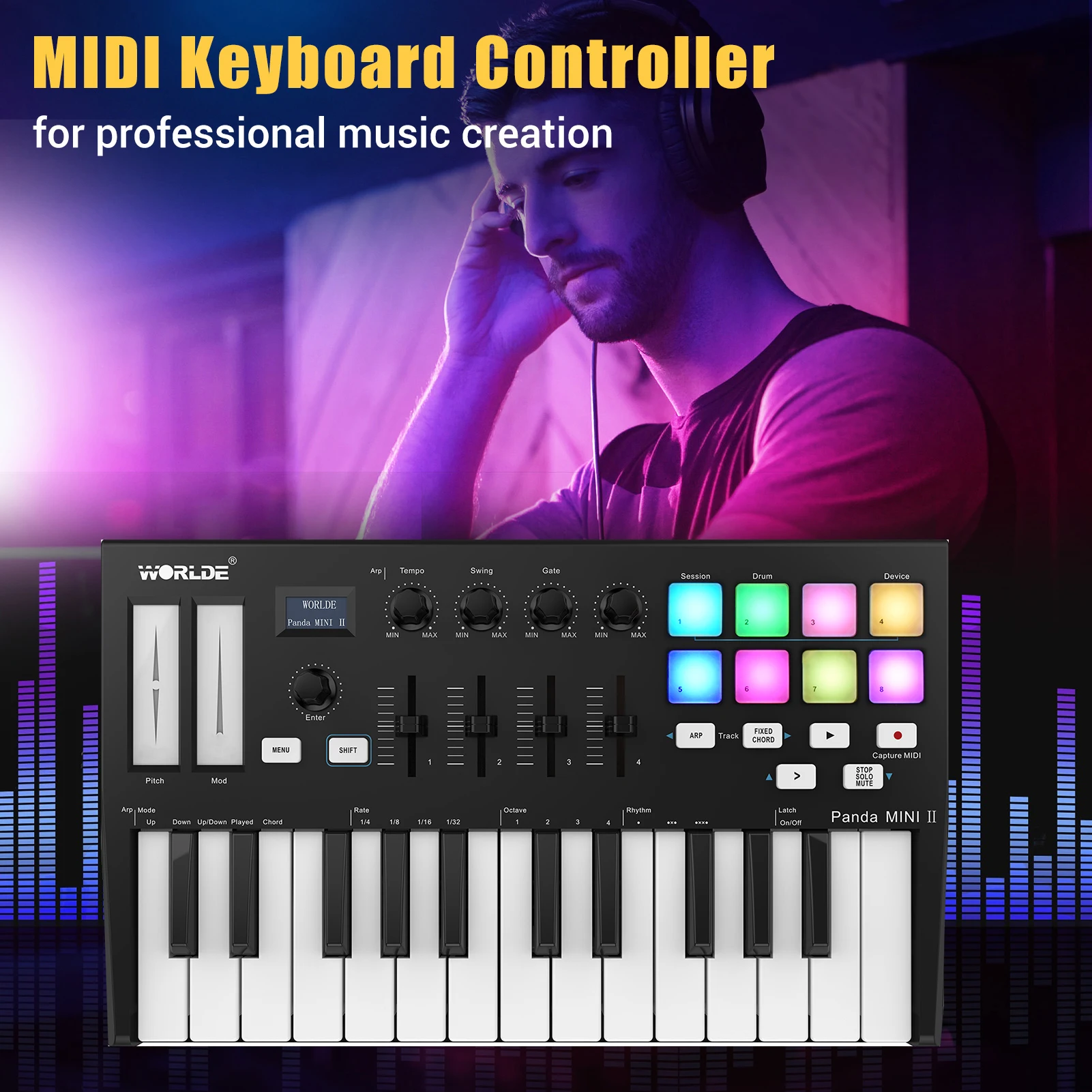 WORLDE Panda MINI II 25-Key USB MIDI Keyboard Controller 4 Assignable Control Knobs Sliders Portable 8 RGB Backlit Trigger Pads