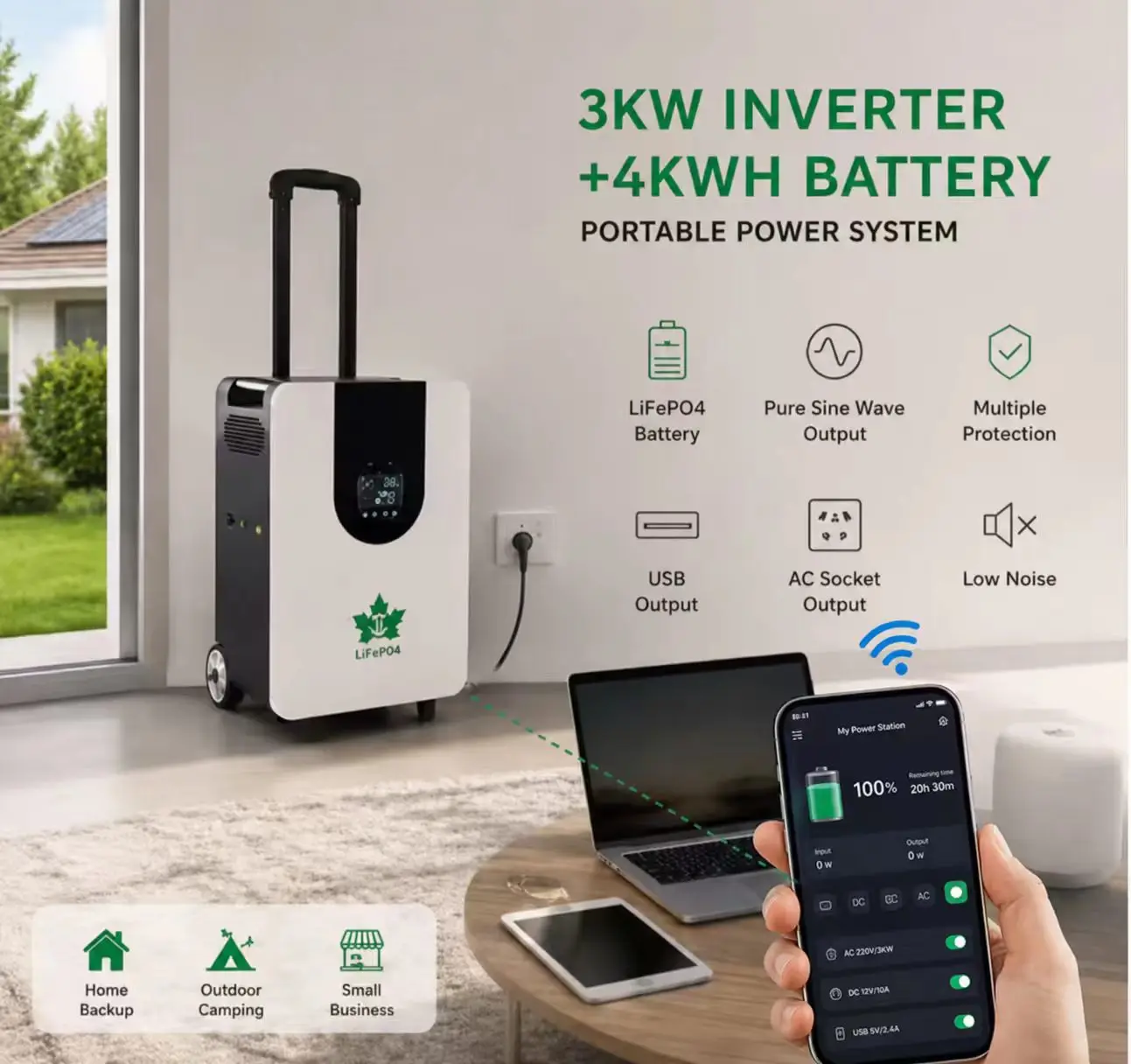 3000W 4000Wh Portable Trolley Power Station, MPPT Pure Sine Wave LiFePO4 Solar Generator, Off‑Grid Power Supply for Home Emergen