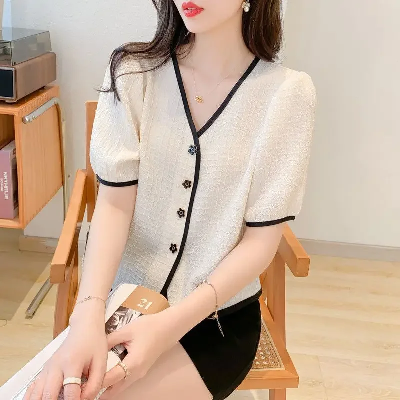 V Neck Female Tops Half Sleeve Pattern Women's Shirt and Blouse Beautiful In Promotions M Aesthetic Y2k Fashion Korean Style Xl