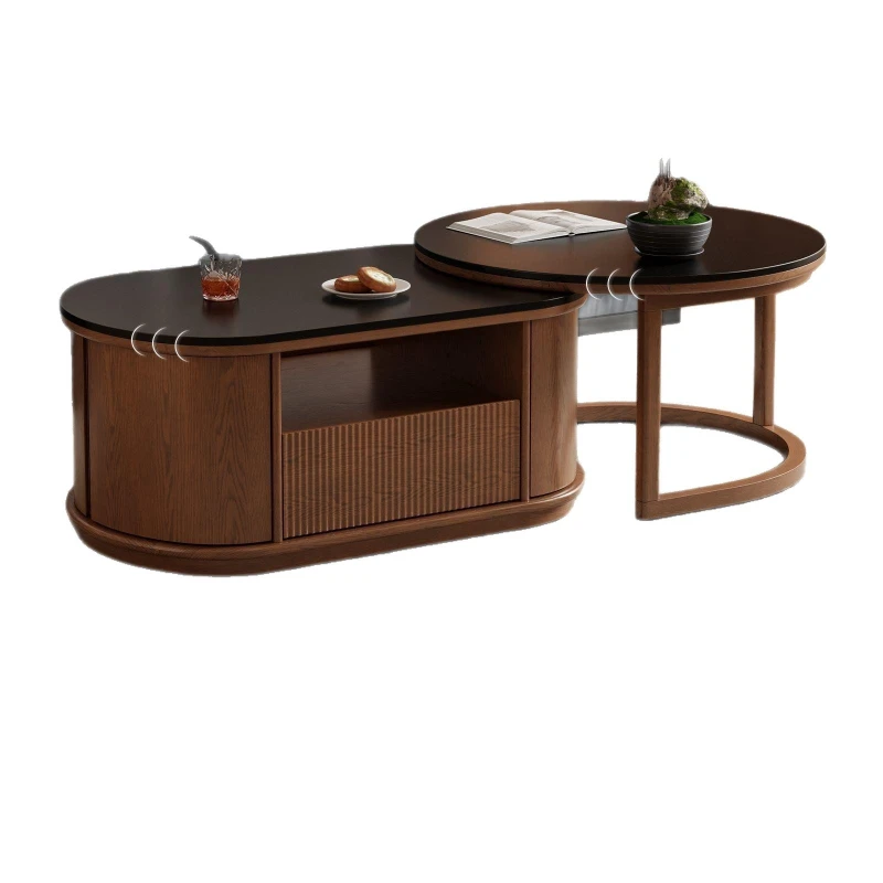 

Floor solid wood round coffee table living room household combination telescopic oval table