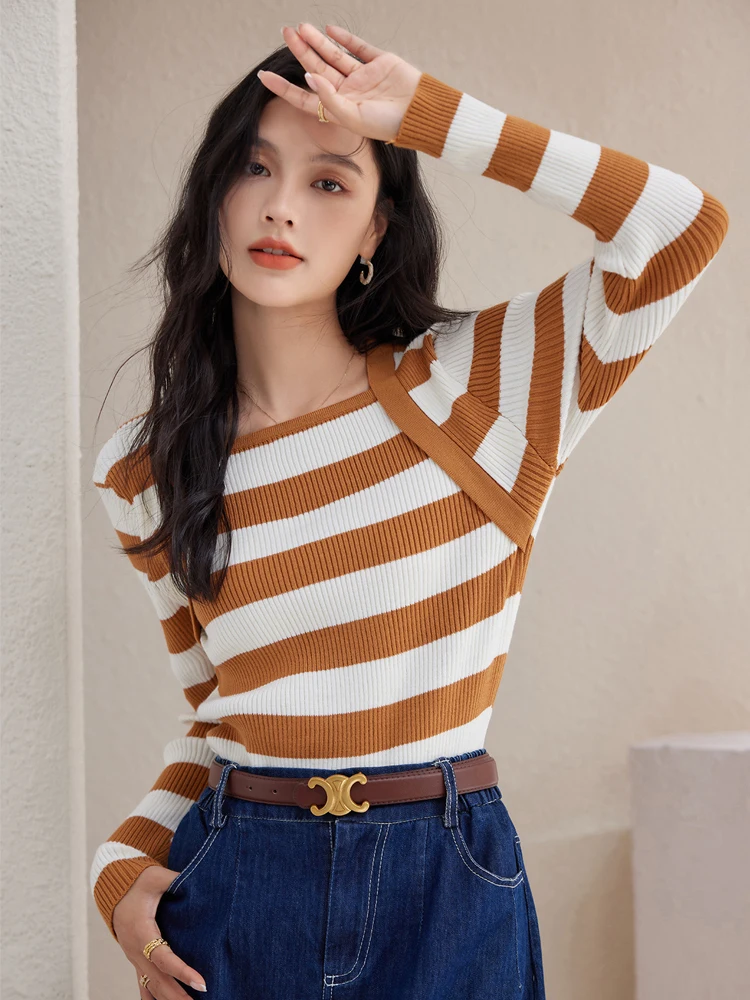 Striped Knitted Sweaters Women Clothes 2024 Autumn Winter Pullovers Slim Tops Korean Long Sleeve Square Neck Sweater