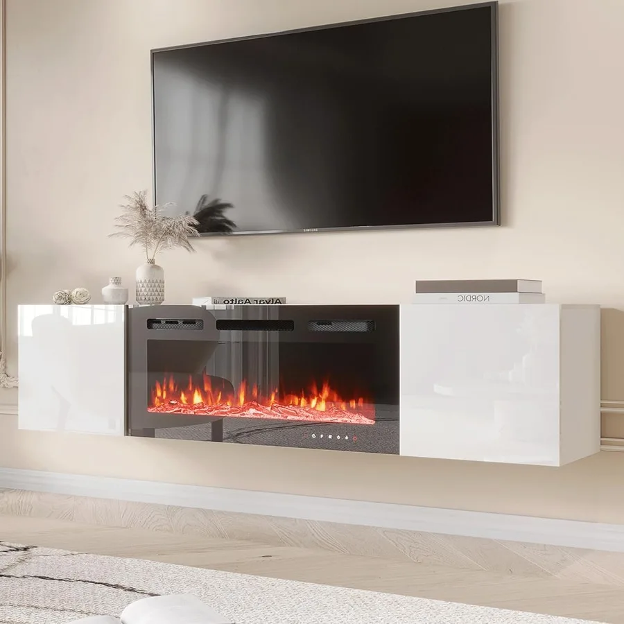 

70'' Floating TV Stand with 36'' Electric Fireplace in High Gloss White Finish 12 Flame Heater Insert for Living Room Supports