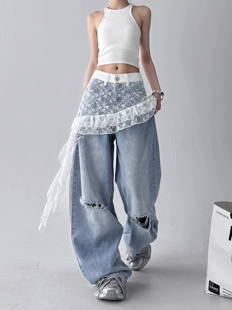 Blaue, gespleißte, zerrissene Spitzenjeans für Damen, Harajuku-Stil, modisch, koreanisch, 2025, Sommer, neue hohe Taille, lose breite Beine, schwimmende Hose