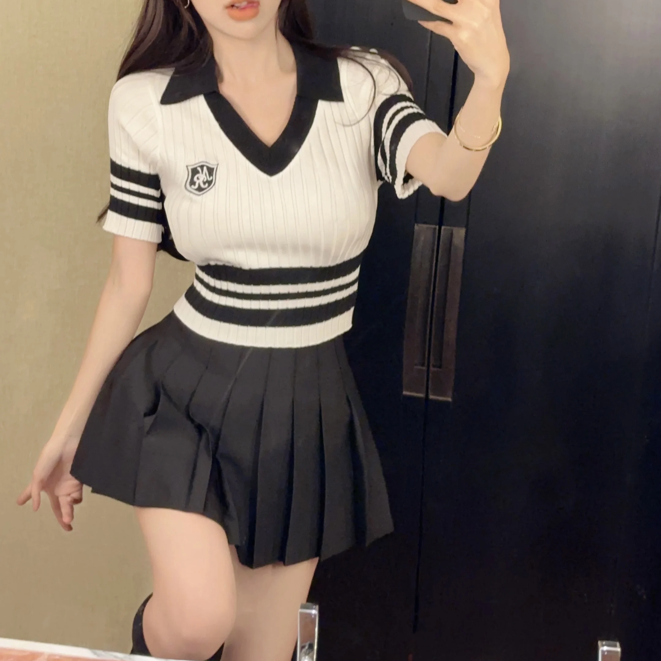 GAODINGLAN Polo V Neck Knitted T-shirt Women Short Sleeve Slim Tight Sexy Crop Tops Summer High Waist Y2k Short Bottom Tees