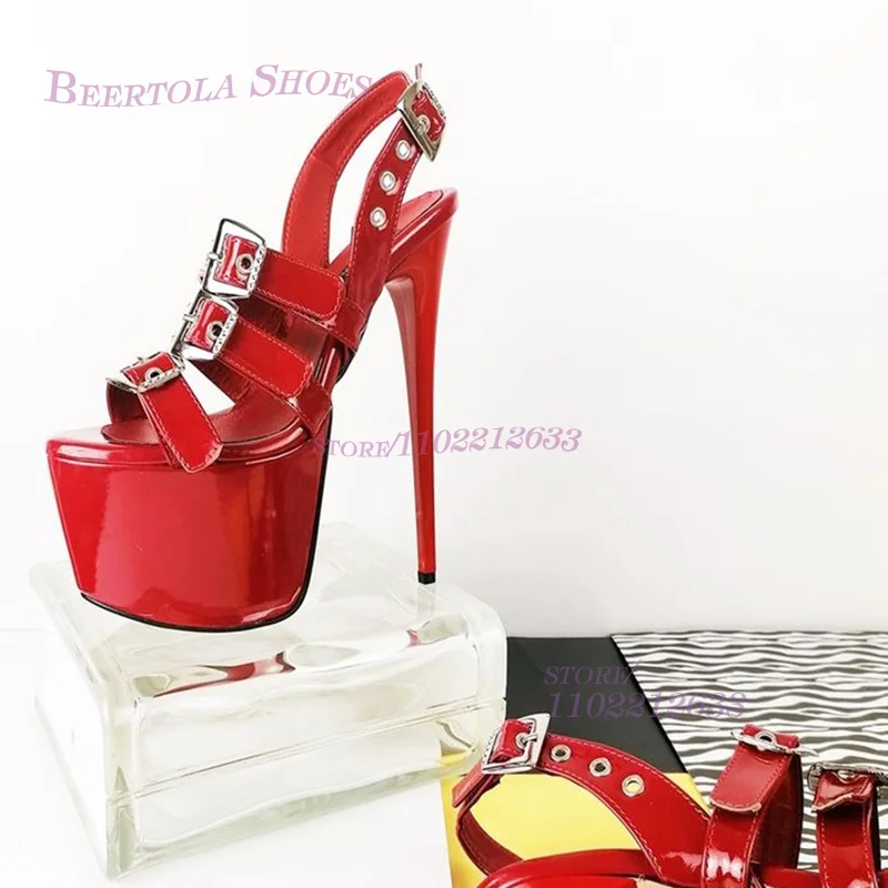 Bright Red Belt Buckle Striped Hollow Sandals Women Platform Sexy Stilettos Rose Open Heels Pole Dance Shoes Metal Back Strap