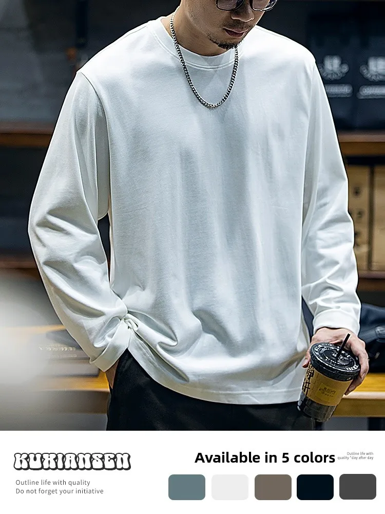Heavyweight Pure Cotton Long Sleeve T-Shirt Men's Loose Trendy Large Size American round Neck Base Shirt  Color Base Shirt