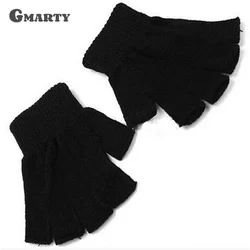 1Pair Unisex Black Half Finger Fingerless Gloves For Women And Men Wool Knit Wrist Cotton Winter Warm Work Mittens