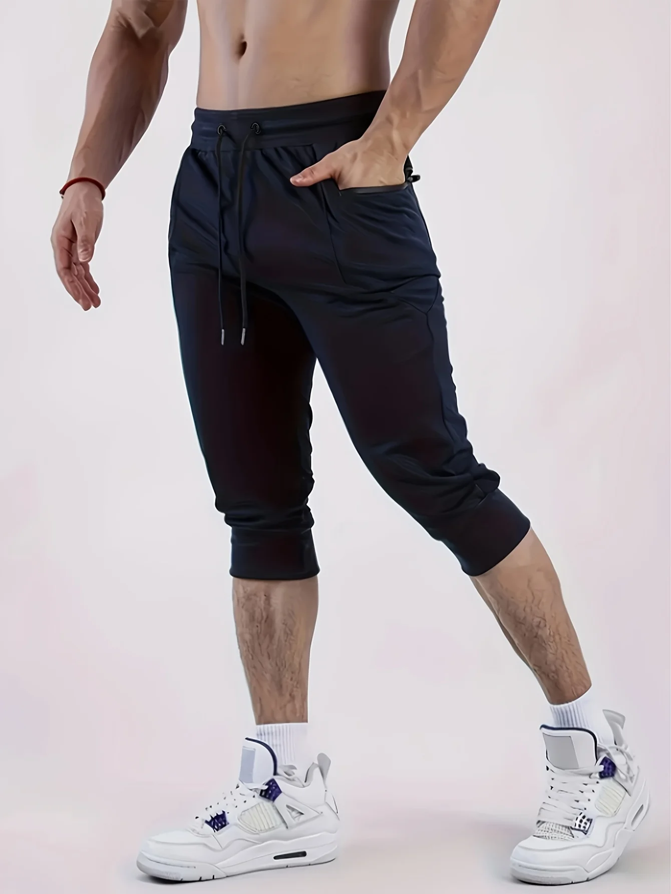 メンズ 3/4丈 アスレチックパンツ ドローストリングウエスト ジッパーポケット付き スポーティースタイル ワークアウトや日常着に最適