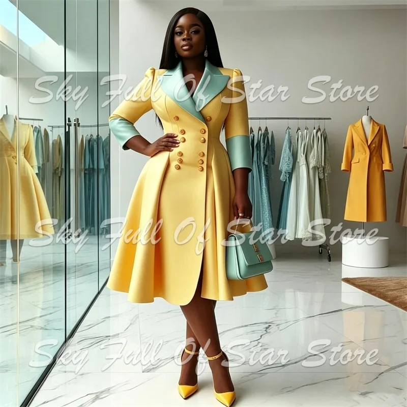 Women Notched Lapel Double Breasted 3/4 Sleeve Fit Flare Midi Dress 1 Pcs Custom Formal Office Evening Business Party Lady Dress