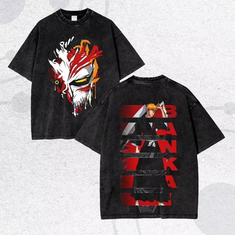 BLEACH Ichigo Kurosaki T-shirt, Vintage Washed, Hollow Mask Graphic, Harajuku Washed T-shirt Men Women Clothing Oversized Unisex