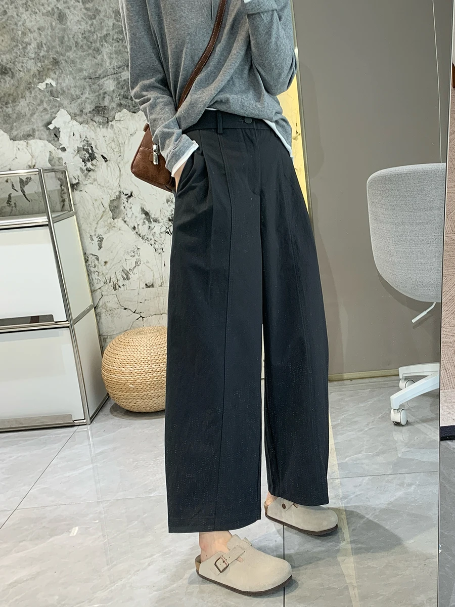 

Spring New Style Women's High Waist Wide Leg Pants Elastic Slimming Loose Casual Trousers Nine Points for Petite Ladies