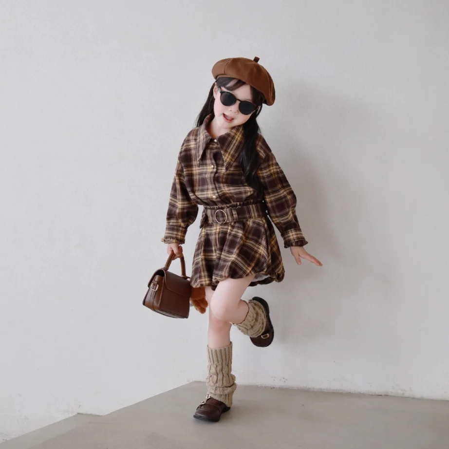 Wearing A Plaid Shirt Dress in Autumn, Children's 2025 New High-end Style Spicy Girl Waist Cinching Shirt Short Skirt Set