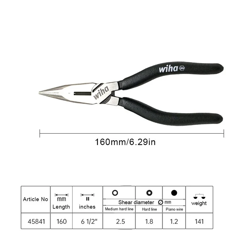 Wiha 45841 160mm Black Forest Long Nose Pliers, Effort-Saving Electricians Multi Tool