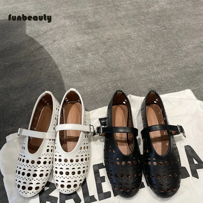 

2024 women's genuine leather shallow mouth straight buckle hollow round toe flat shoes ballet boat shoes single shoes