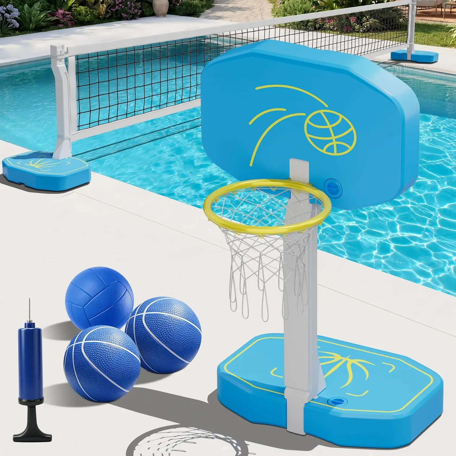 Oversized 2-in-1 Swimming Pool Basketball Hoop and Volleyball Net Set, Water Basketball Hoop with 3 Balls, Poolside Basketball Game for Family Fun