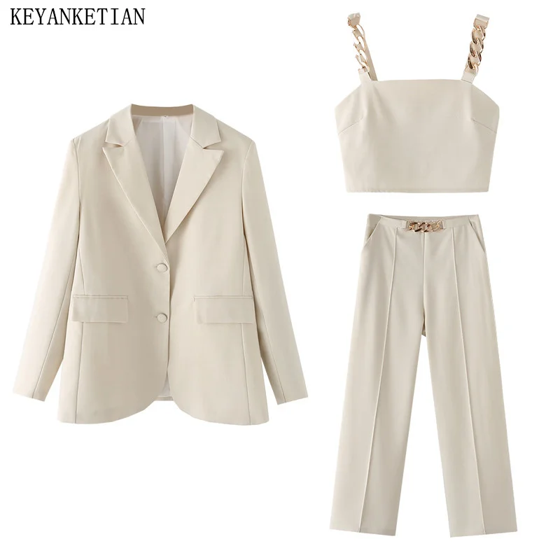 

KEYANKETIAN New Apricot Single Breasted Suit Chain Decoration Camisole High-waisted Straight-leg Pants Women's Three Pieces Sets