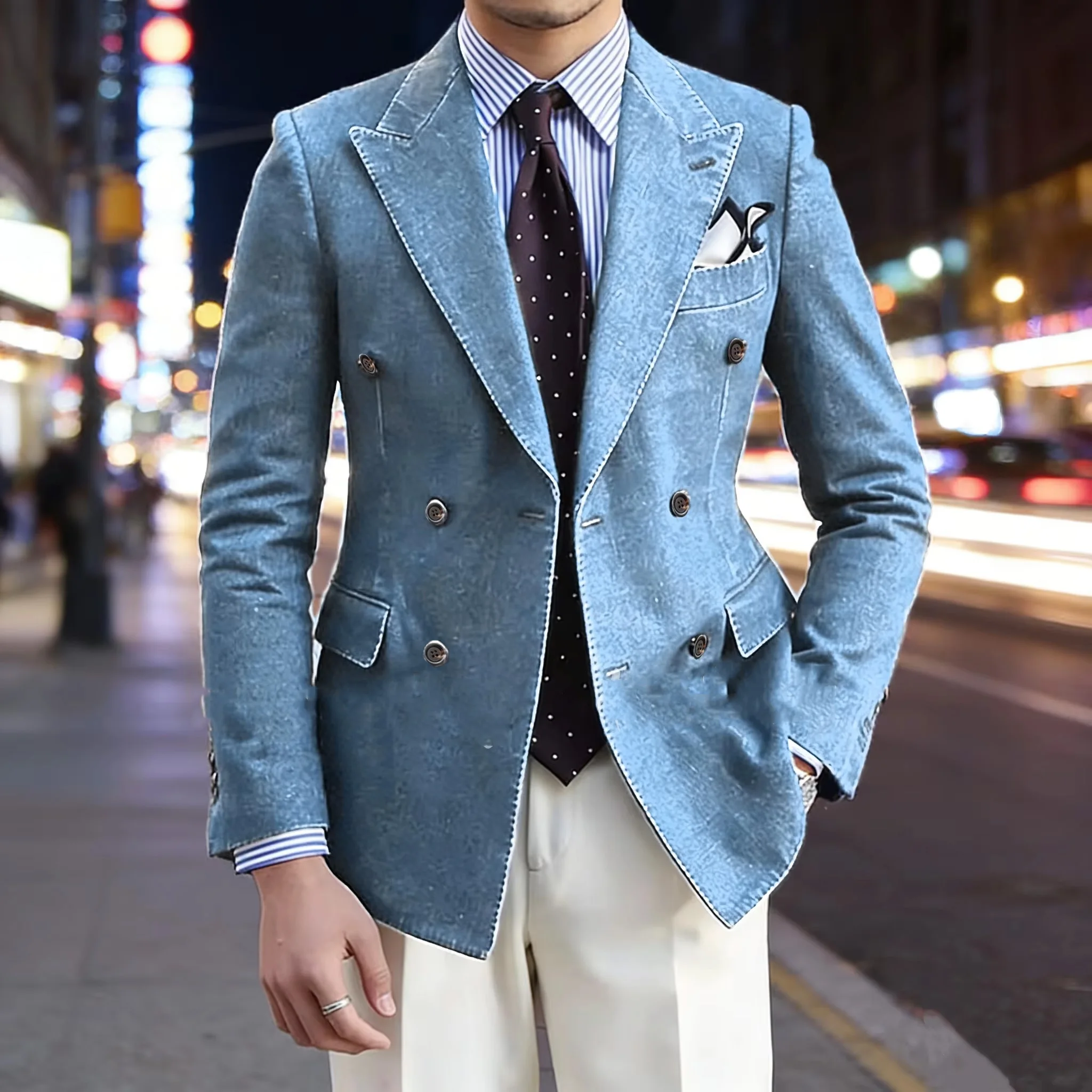 

Retro Men's Suit Denim Blazer Navy Blue Luxury Double Breasted Peak Lapel Slim Fit Formal Jacket Business Casual Party Jean Coat