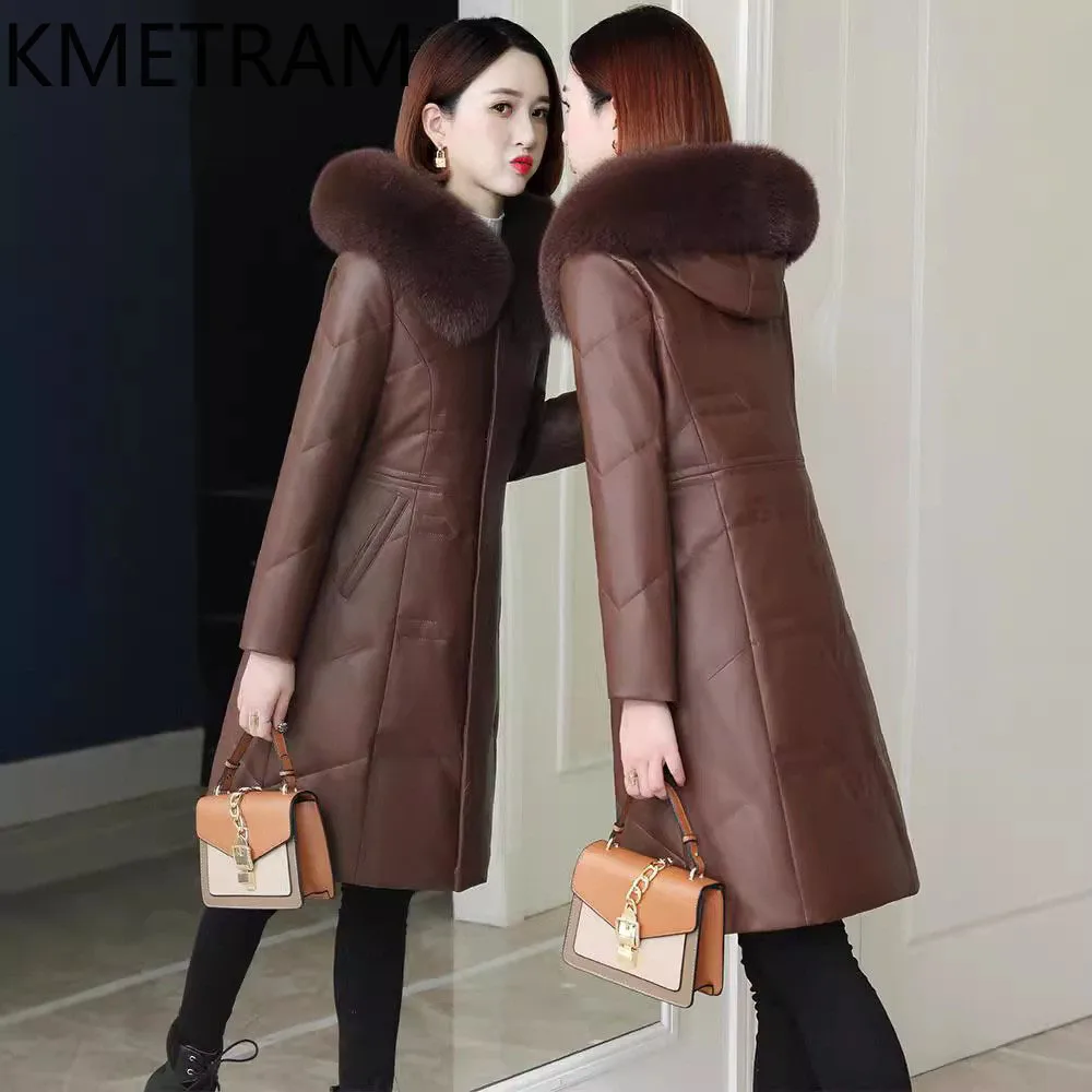 100% Sheepskin PUFFER JACKET ผู้หญิงหรูหรายาวลงเสื้อโค้ทกับ Hood 2024 ฤดูหนาวเสื้อผ้าสตรีฟ็อกซ์ขนสัตว์ Пухок Жри