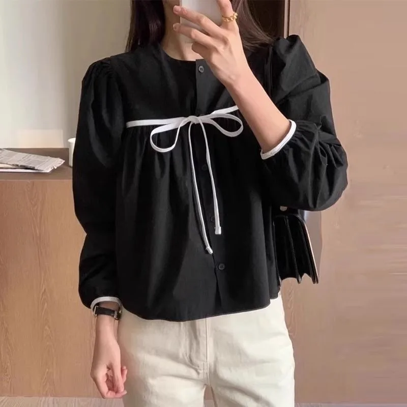 QWEEK Elegant Office White Shirt Women Korean Style Youthful Long Sleeve Loose Blouse Casual Chic Solid Color Clothes Autumn