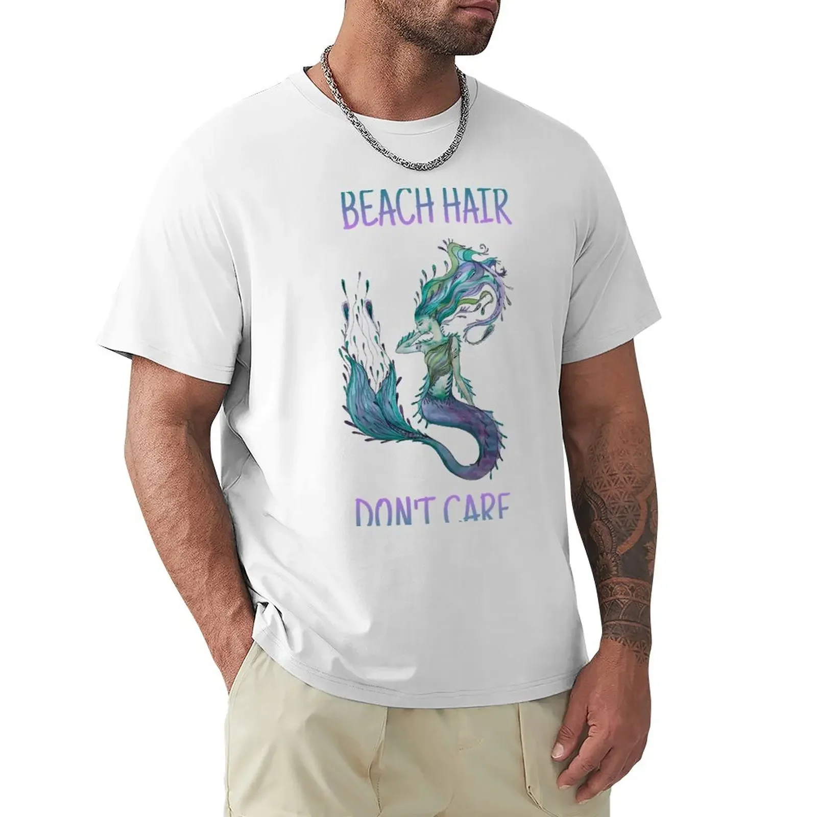 Beach Hair, Don’t Care, Watercolor Mermaid T-Shirt plus sizes cute tops Men's cotton t-shirt