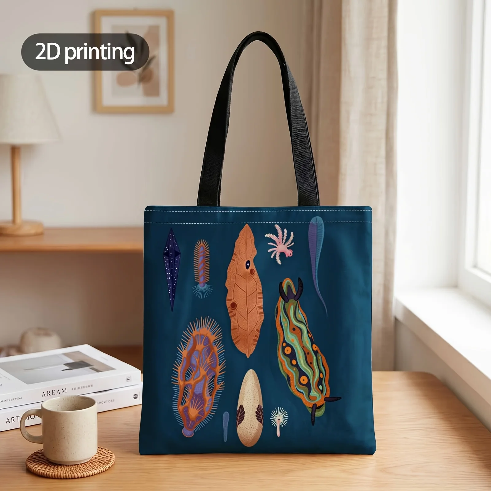 1pc 2D Printed Handbag with Ocean's Hidden Wonders Pattern, Reusable Fashion Shoulder Bag Handbag Shopping Tote Bag Suitable for