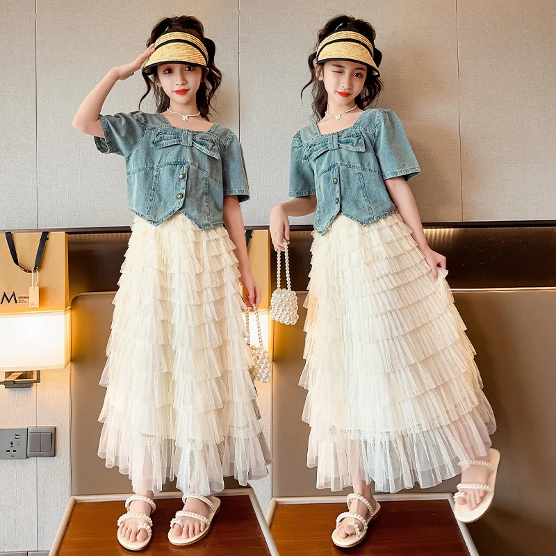 Children Outfits Summer Fashion New Girls Demi Top+Cake Skirt 2 Pcs Sets 6-16 Years All Match Teenager Students Casual Suits