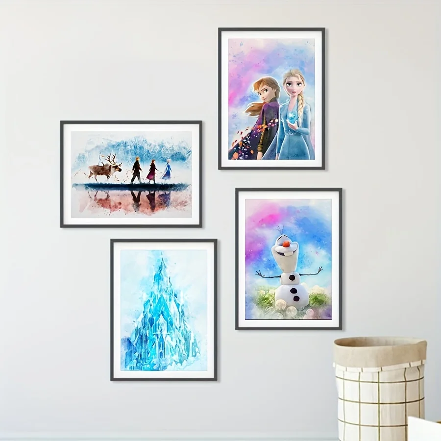 Princess Anna and Elsa Art Print Frozen Watercolor Poster Olaf Snowman Canvas Painting Ice Castle Wall Pictures Nursery Decor