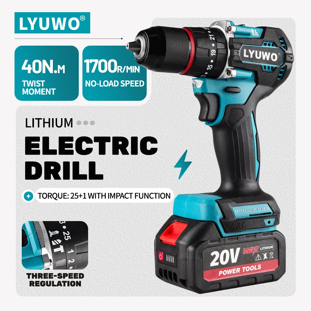 LYUWO electric tool, 20V brushless impact hand drill, 10mm impact drill electric screwdriver, 4.0Ah capacity lithium battery