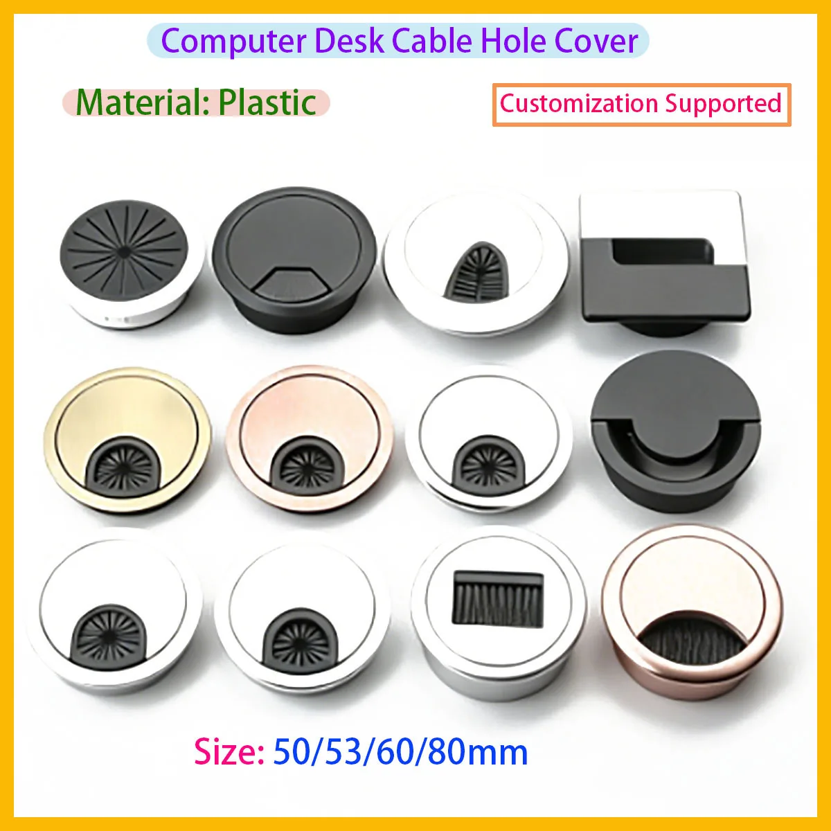 Computer Desk Cable Hole Cover ABS Plastic Circular Cable Slot Decorative Cover 50/53/60/80mm