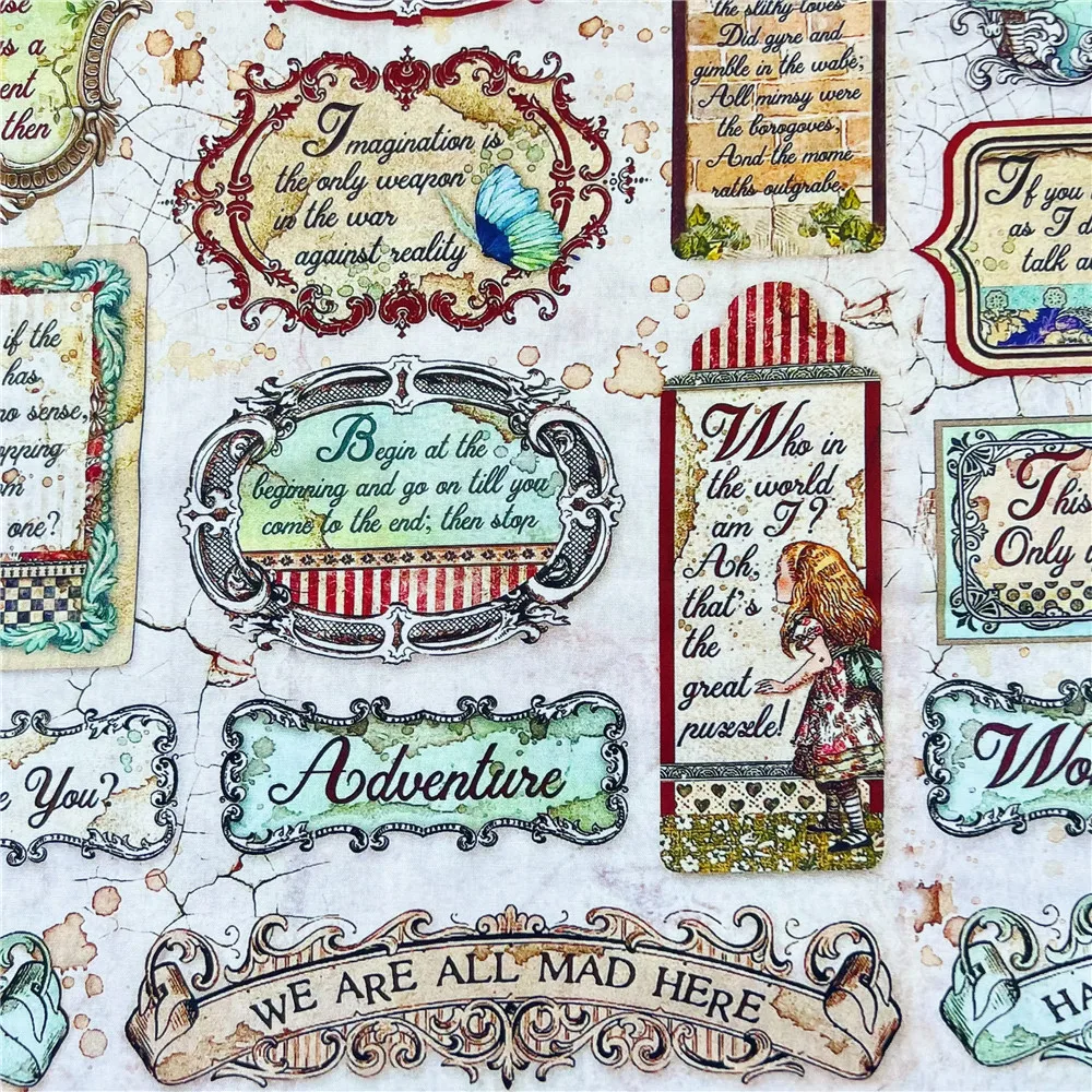 Retro Alice Junk Journal Cotton Fabric for Tissue Sewing Quilting Fabrics Needlework Material DIY Handmade