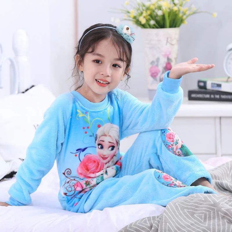 New Autumn Winter Girls Pajamas Sets Children Clothing Frozen Elsa Cartoon Flannel Long sleeves Tops Pants Suits Kids Sleepwear