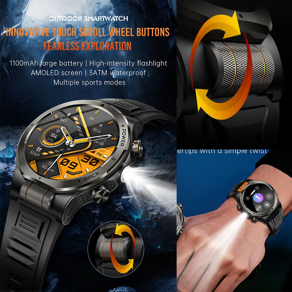 New Outdoor Smart Watch 1100mAh Battery Scroll Wheel Button 3ATM Waterproof Heart Rate Compass Flashlight Sport Modes Smartwatch