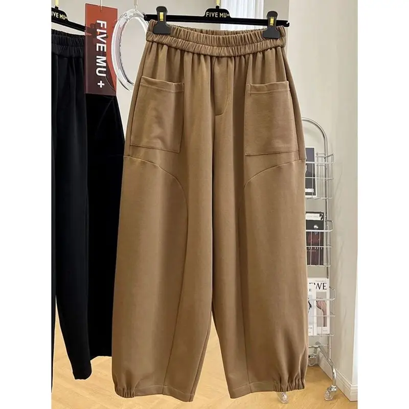 Plus Size 3XL 150kg Autumn Women\'s Wide Leg Pants Solid Color Elastic Waist korean Big Pocket Trousers Oversize Winter Clothes