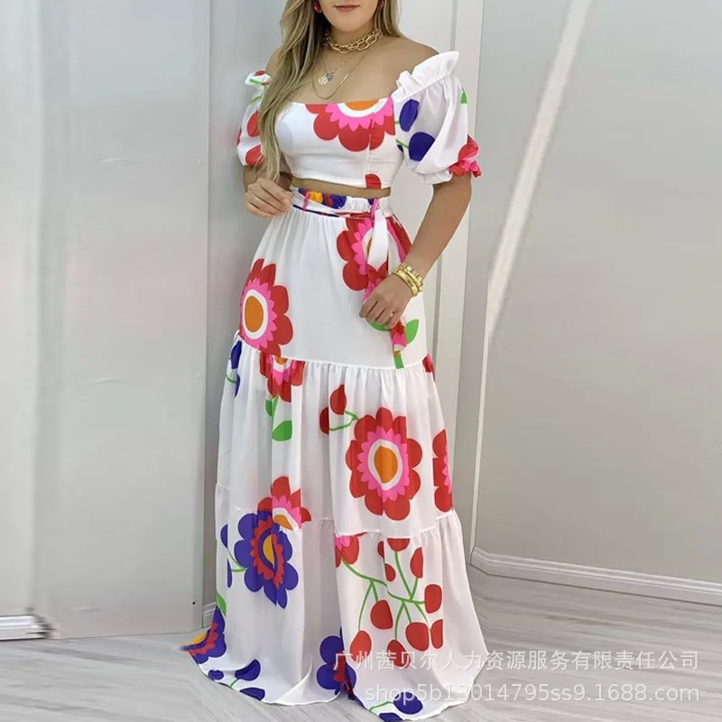 New Women 2pcs Clothes Set Short Sleeve Slash Neck Tank Top Cami High Waist Long Skirt Floral Flower Printed