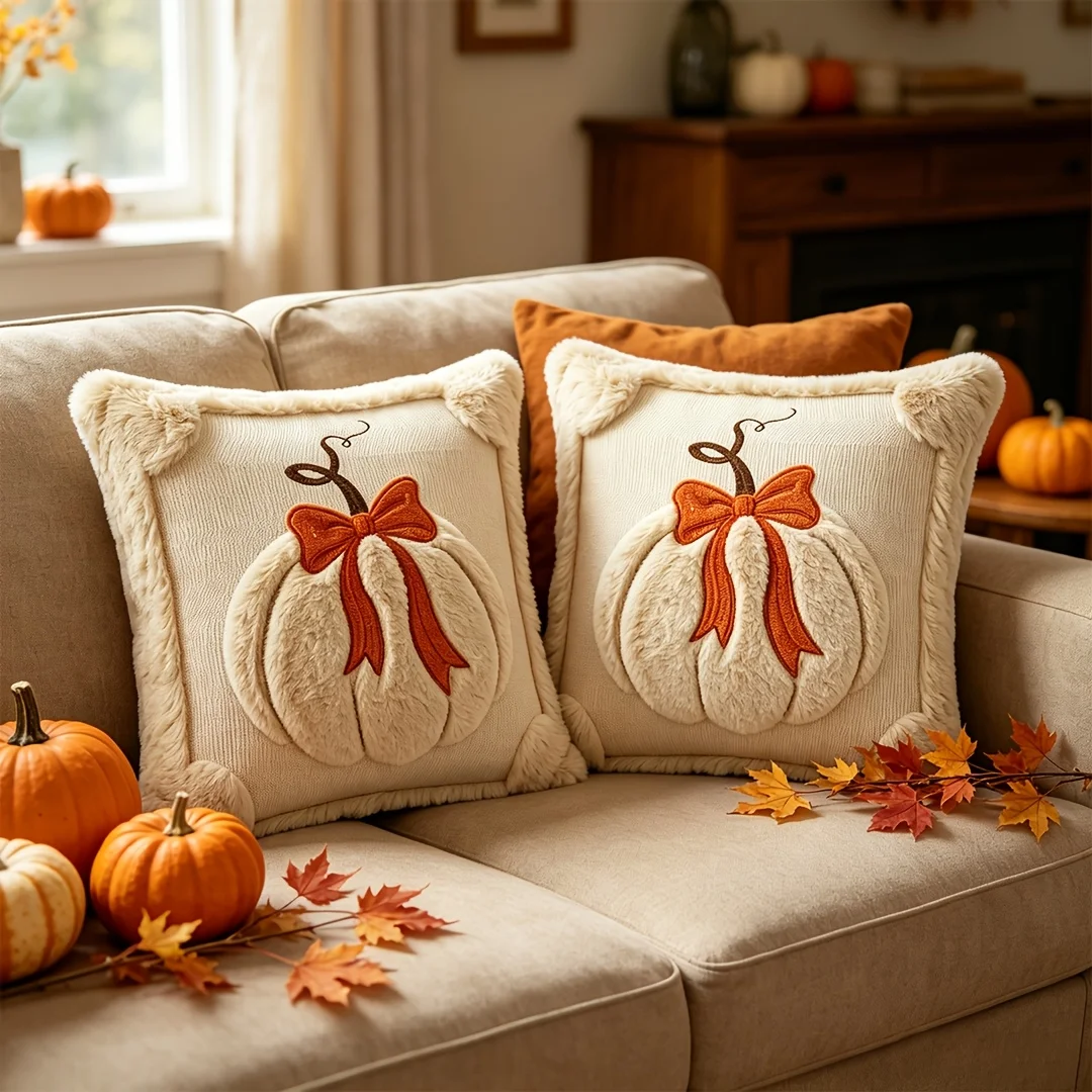 2PCS Plush Pumpkin Bow Pillow Covers 18x18