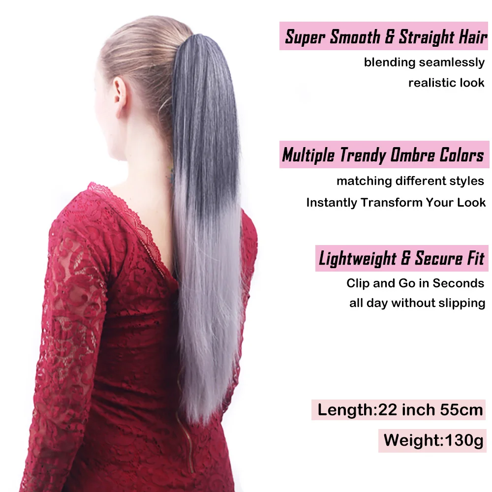 Claw Clip Ponytail Hair Extension Straight Synthetic Hairpiece Ombre Black Blue Red Color Hair for Daily Party Instant Style