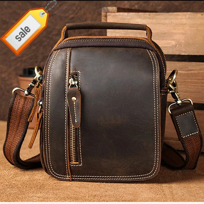 

100% genuine messenger retro cow leather man corssbody handle multifunction waist s mini shoulder bag