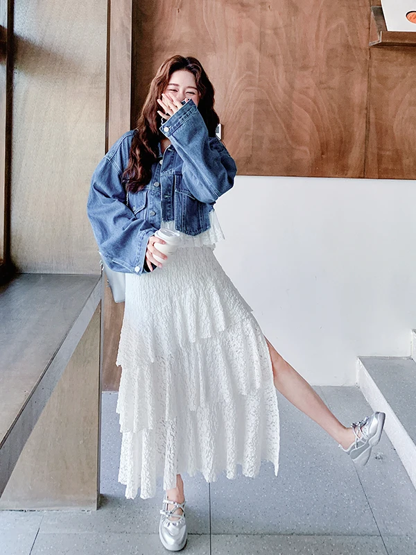 

Women's Denim Jaet White Lace ter Dr Two-Piece Set Autumn 2025 New Long Skirt High Waist A-Line Korean Sle Commute
